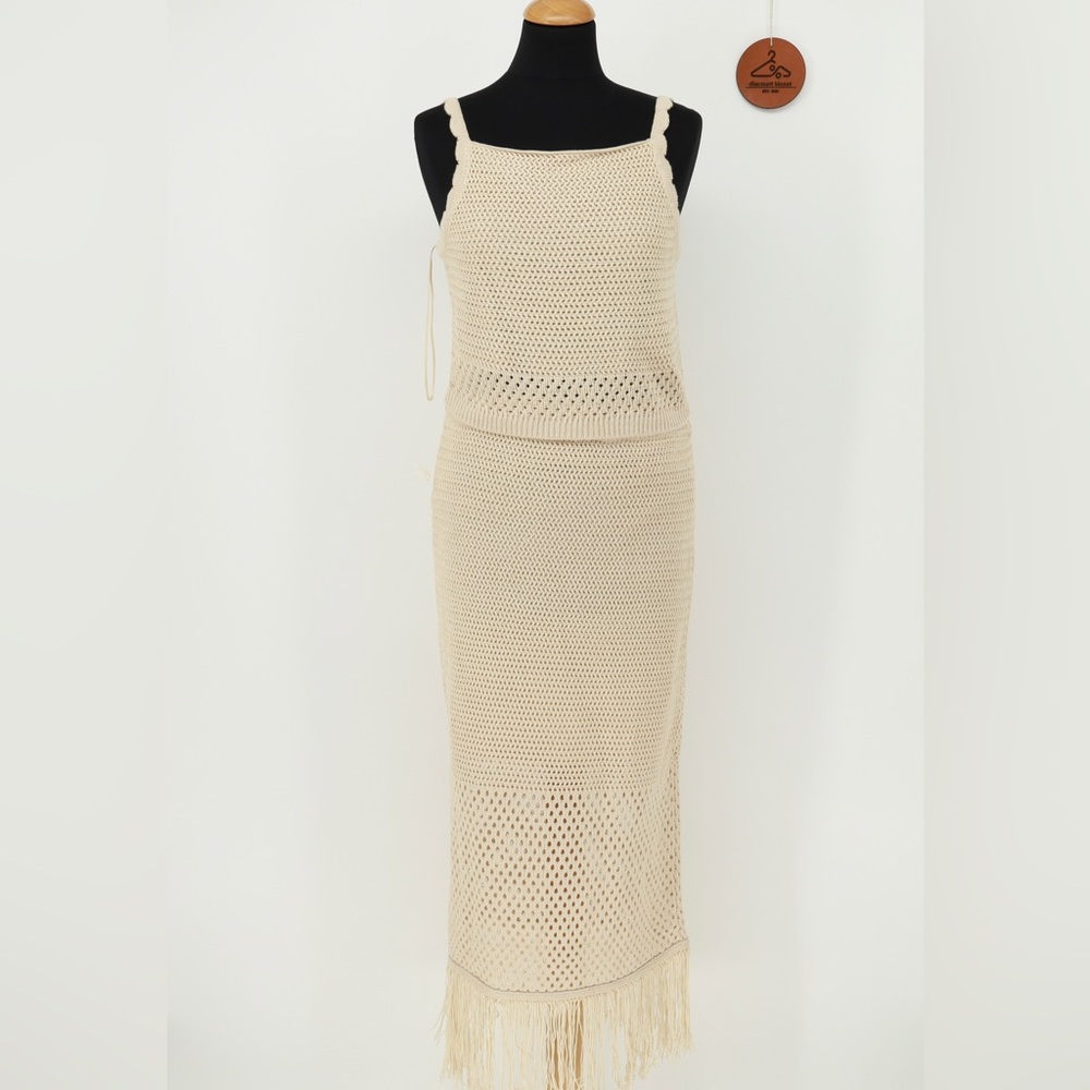 HOUSE OF HARLOW 1960 Two Piece Set Crochet Knit Crop Top and Fringe Hem Skirt